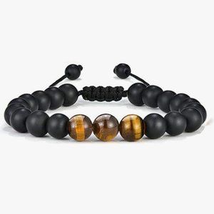Brown Tiger's Eye & Matte Black Natural Stone Beaded Adjustable Rope Bracelet